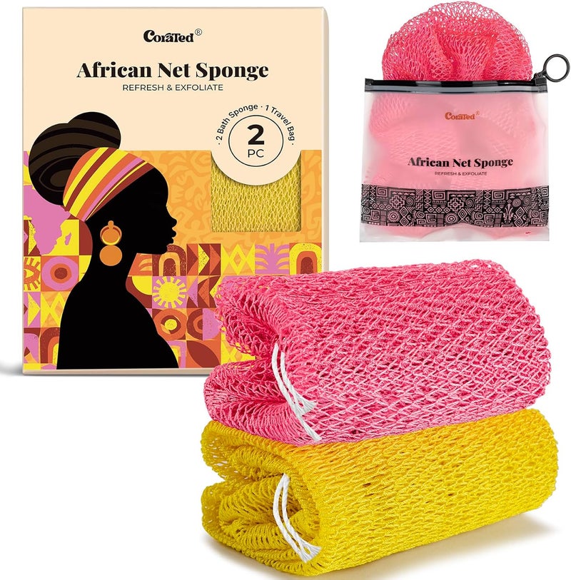 CORATED African Net Sponge Authentic, Shower Loofah Exfoliating Bath Sponge, Body Scrubber for Women and Men Daily Use Body Care, Travel Portable, Durable Bath Accessories for Bathroom (Pink & Yellow) - Image 1